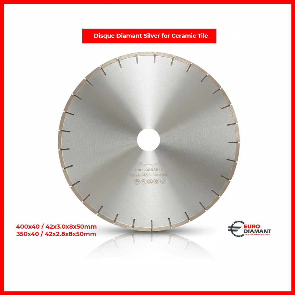Disque diamant Silver 400mm pour coupe carrelage céramique et grès cérame. Segmenté pour machines de débit (scie de pont). Disponible en 400mm et 350mm. Outil professionnel.
