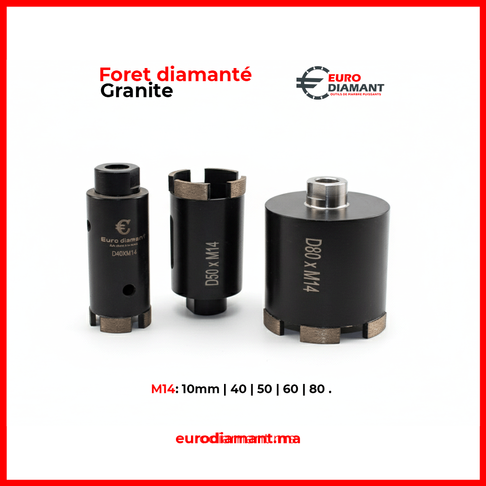 Foret Diamanté M14 Segmenté Noir Industriel pour Granit (10-80mm) | Carottage Extrême | Euro Diamant Outil Pro