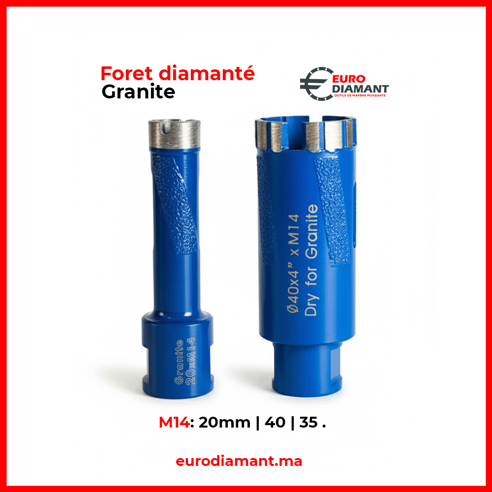 Foret Diamanté M14 Bleu Segmenté DRY pour Granit & Pierre Dure (20mm, 35mm, 40mm) | Carottage Professionnel | Euro Diamant