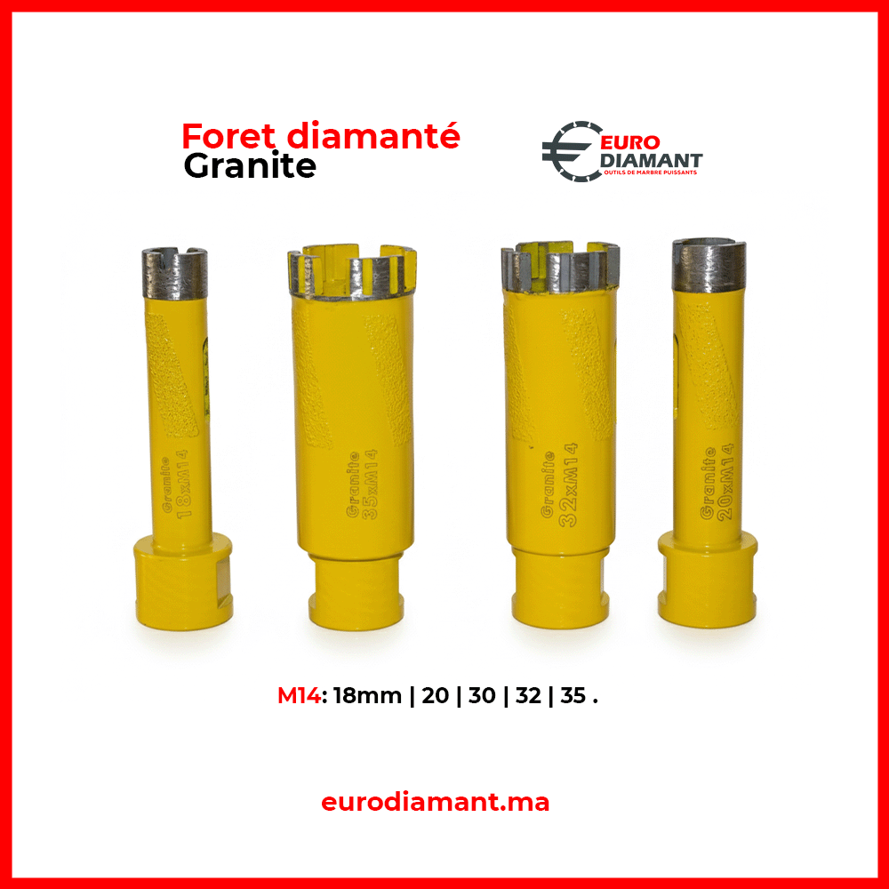 Foret Diamanté M14 Segmenté Spécial Granit (18mm - 35mm) | Carottage Extrême Dureté | Euro Diamant Outil Pro