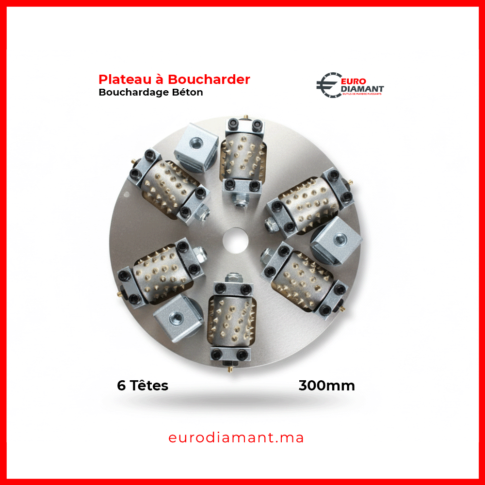 Plateau à Boucharder 6 Têtes 300 mm | Bouchardage Intensif Béton & Pierre Dure | Euro Diamant