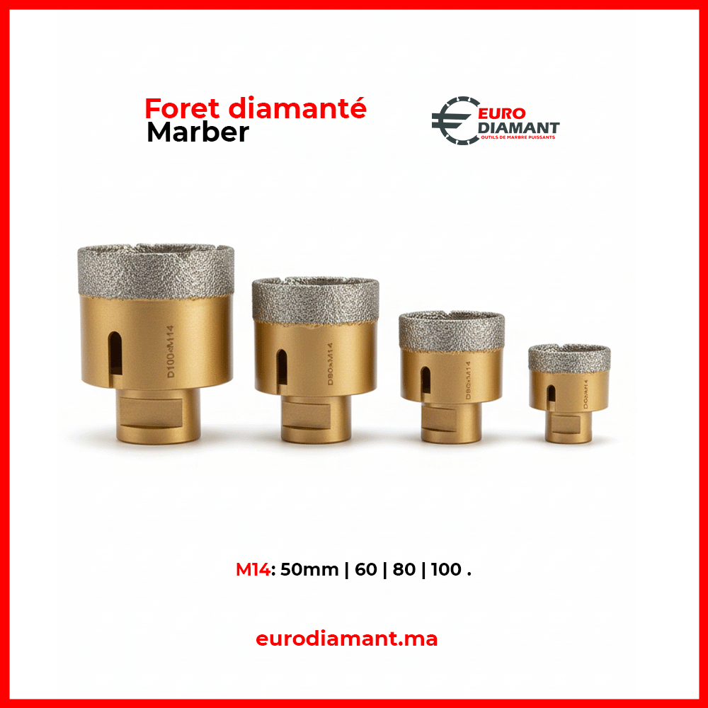 Forets Diamantés M14 Bronze pour Marbre (50-100mm) | Carottage Professionnel À Sec | Euro Diamant Maroc