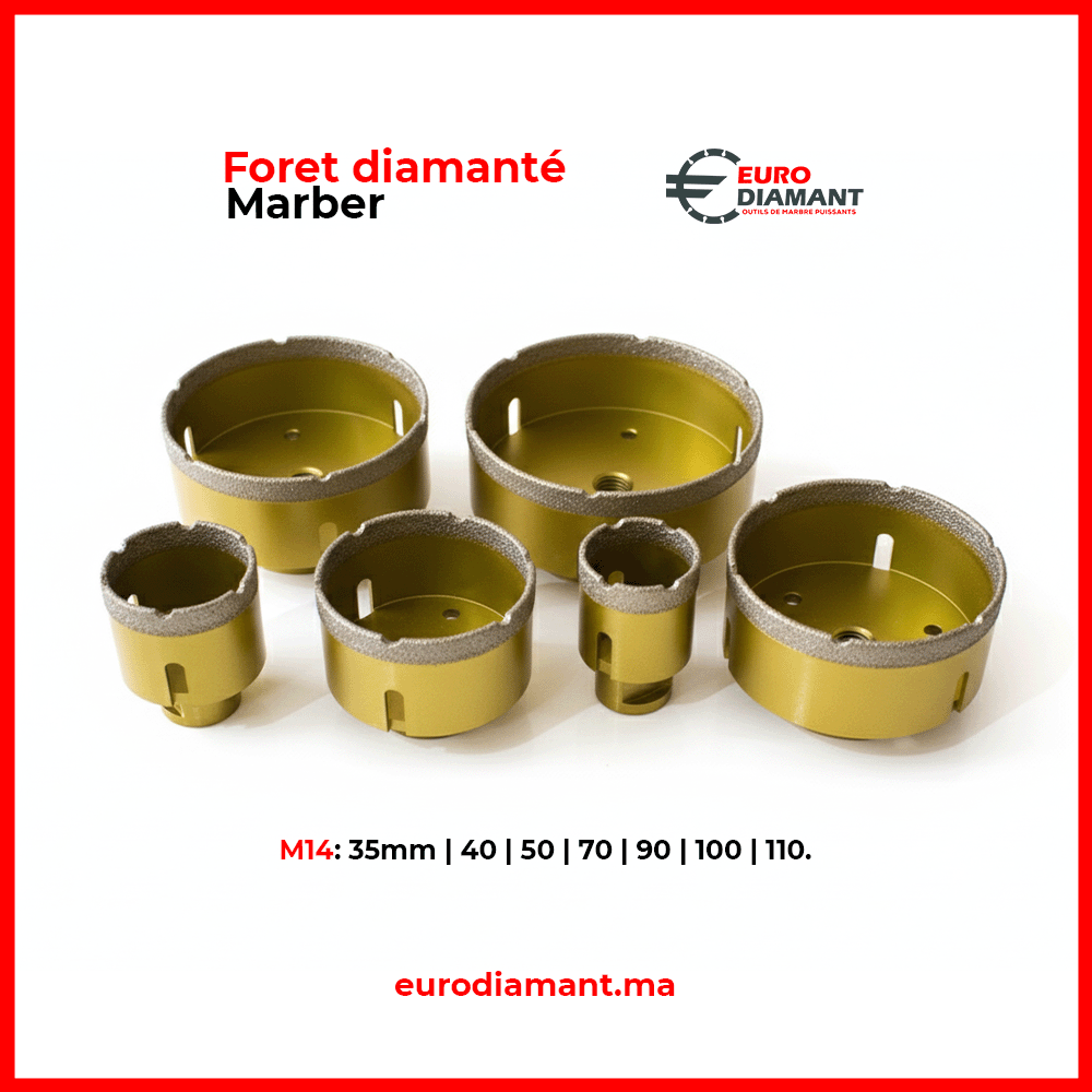 Gamme de Forets Diamantés M14 Gros Diamètres (35-110mm) | Carottage Marbre | Euro Diamant Outils Professionnels