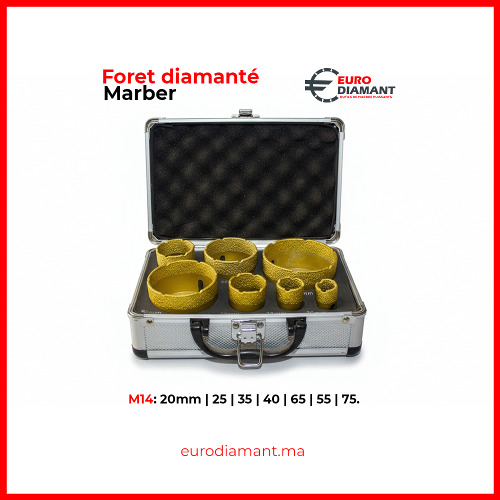 Coffret/Kit Forets Diamantés M14 PRO 6 Pièces pour Marbre | Mallette Outils Perçage Professionnel | Euro Diamant