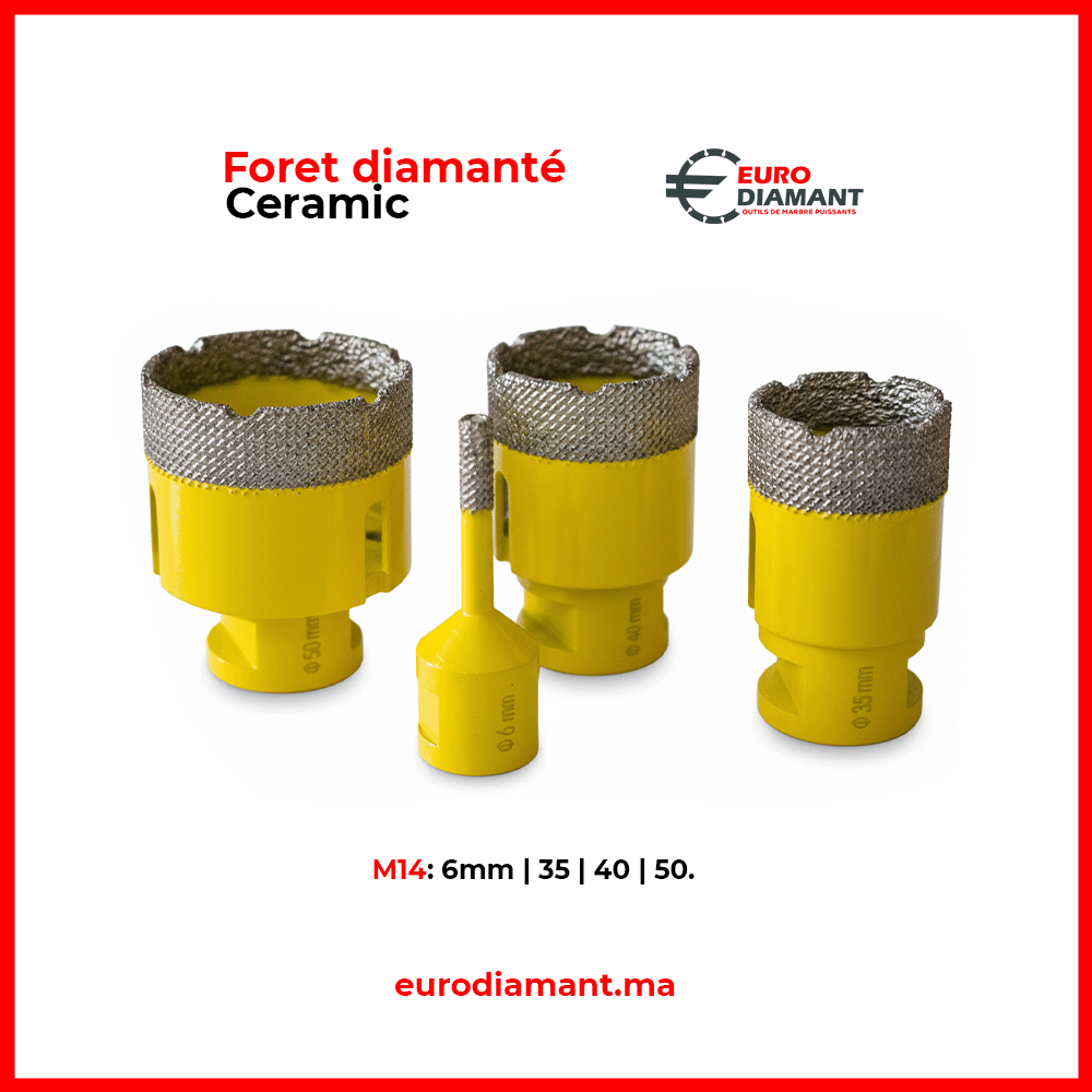 Foret Diamanté M14 Spécial Céramique & Grès Cérame (6mm - 50mm) | Perçage Précision Sans Éclat | Euro Diamant Maroc